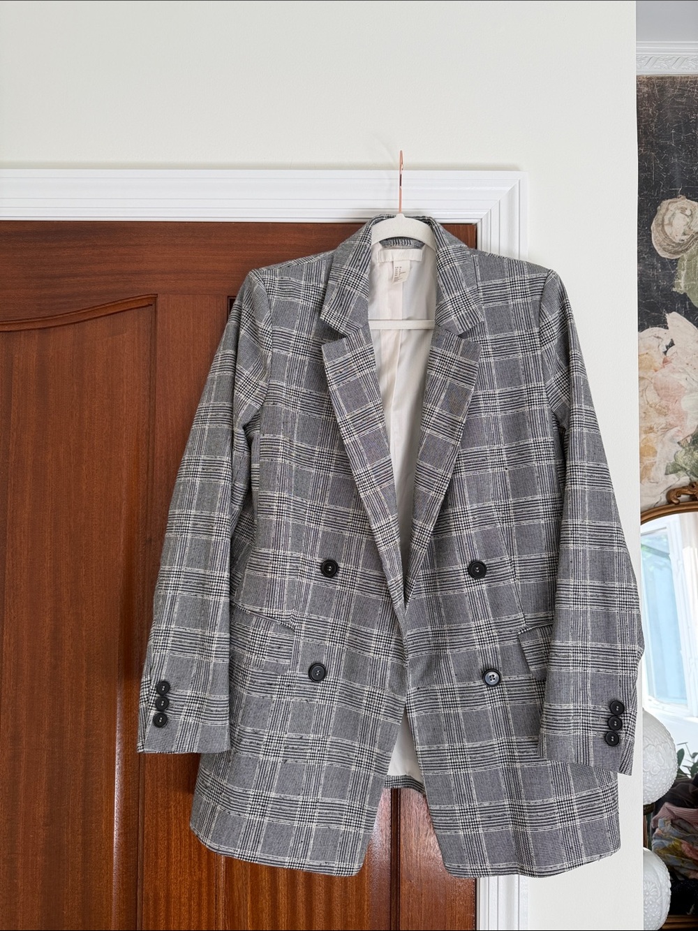 Gray Plaid Double-Breasted Blazer